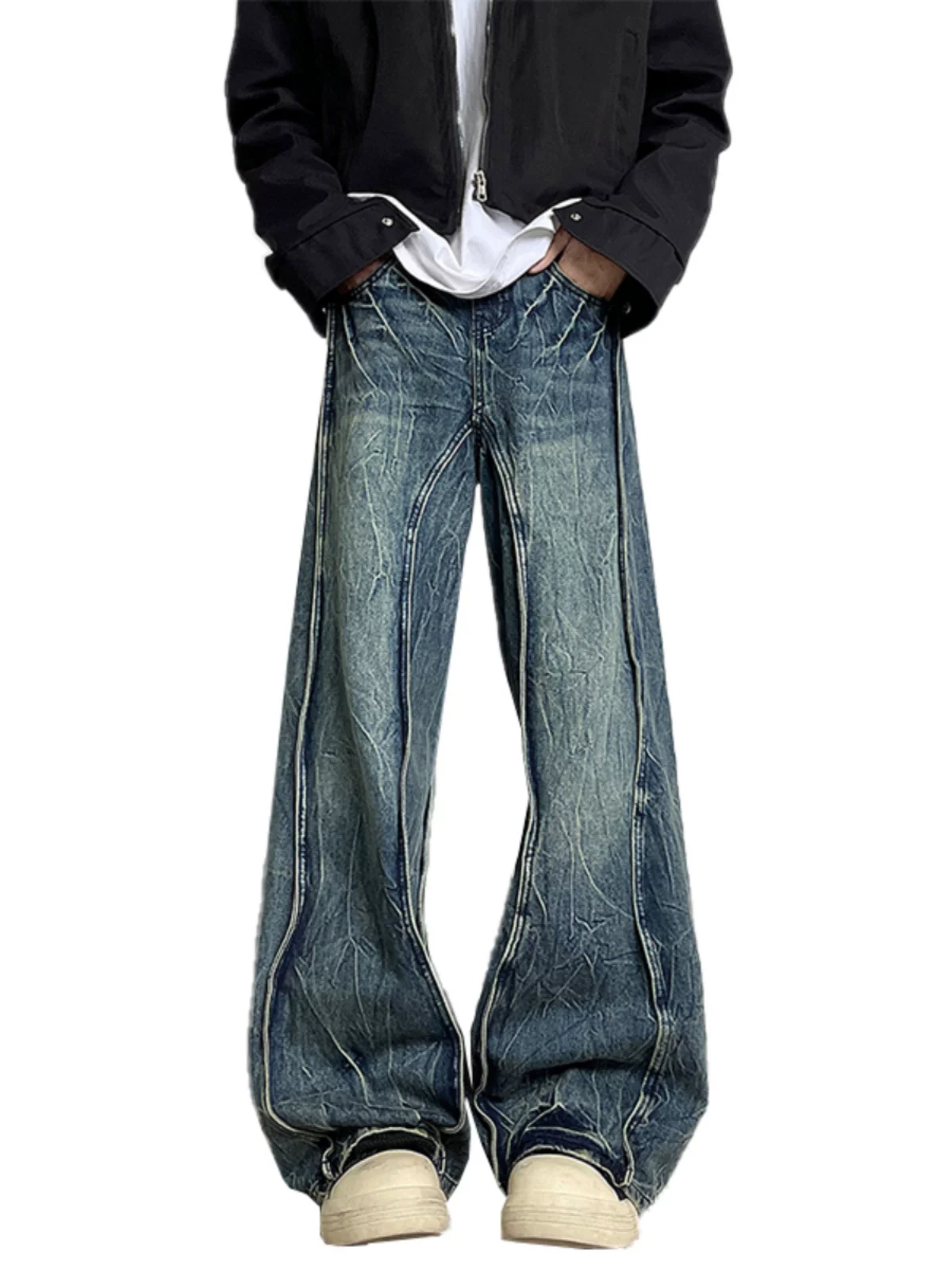 Quần jean oversized phối vải nhiều mảnh, chất liệu dày dặn dành cho nam và nữ, phong cách đường phố Mỹ, quần rách, quần dài ống rộng loe thời trang xuân thu.