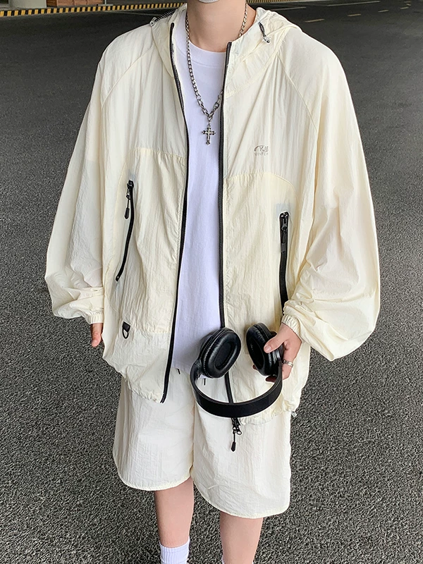 Bộ quần áo chống nắng có mũ trùm đầu kiểu núi dành cho nam, bộ quần áo và quần short chống tia UV nhẹ, thoáng khí ngoài trời mùa hè dành cho nam giới