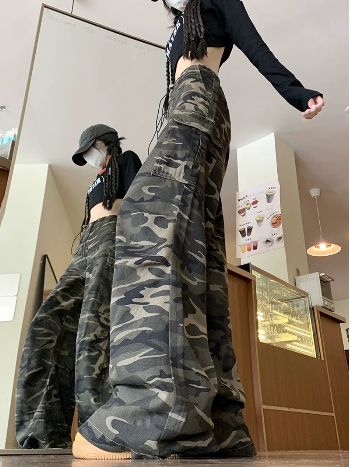 Quần jean rằn ri phong cách hip-hop kiểu Mỹ dành cho nam và nữ, quần công sở dáng rộng mùa xuân thu, quần dài ống rộng hợp thời trang.