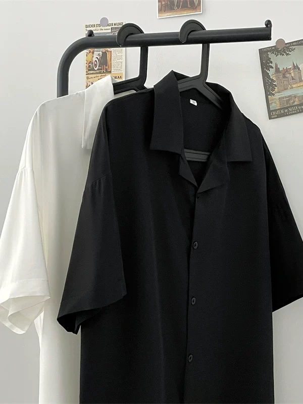 Áo sơ mi ngắn tay vải lụa băng dành cho nam, áo sơ mi cổ Cuba dáng suông mùa hè, áo kiểu Hàn Quốc trẻ trung, thời thượng, mát mẻ.