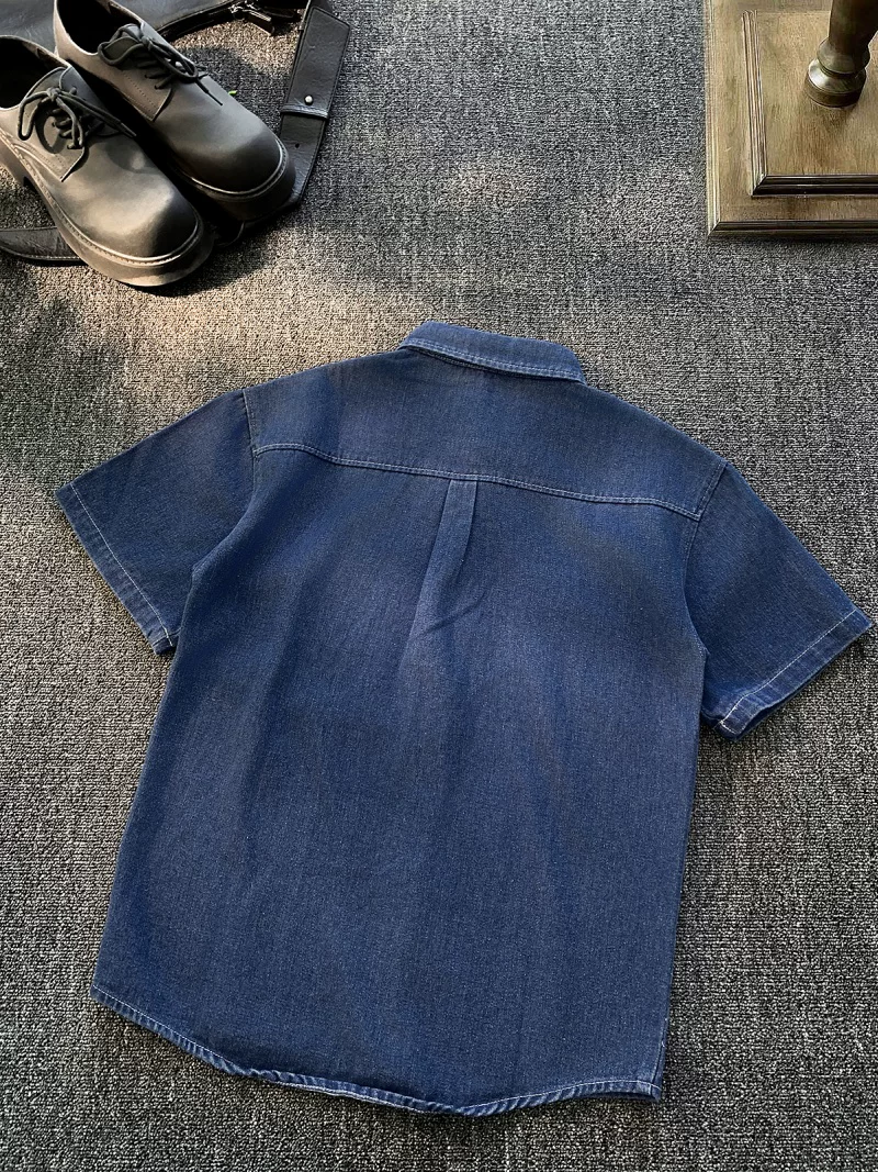 Áo sơ mi denim ngắn tay phong cách retro của Mỹ dành cho nam, áo công sở có ve áo rộng rãi mùa hè, áo khoác sơ mi thương hiệu thời thượng sành điệu