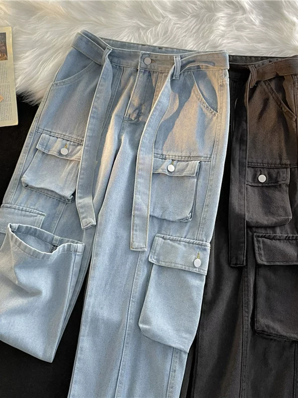 Quần jean nam nhiều túi đa năng, quần công sở phong cách Hồng Kông thời thượng, quần ống rộng dáng suông thời trang đường phố mùa xuân hè.