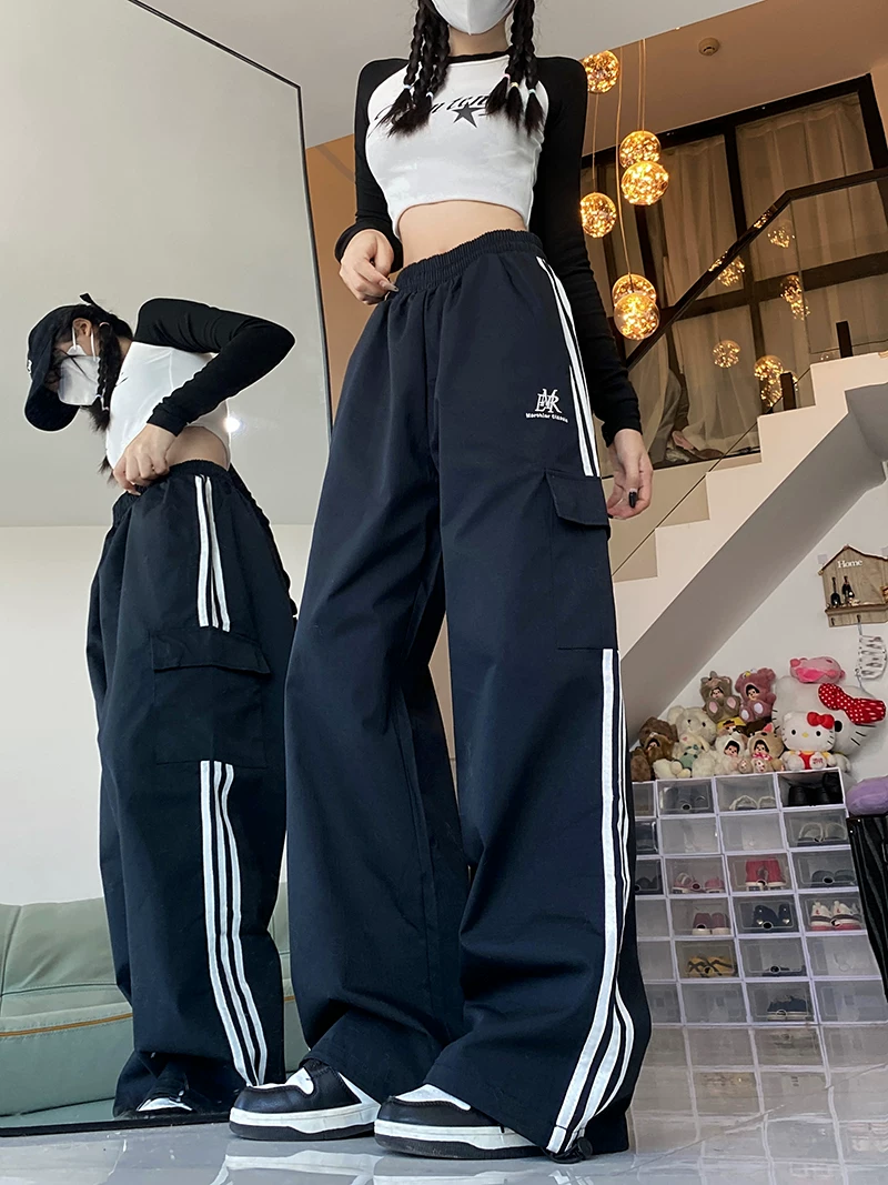 Quần cargo ống rộng sọc ngang phong cách Mỹ, quần đôi unisex thời trang đường phố, quần ống đứng dài chạm đất mùa hè, phong cách thường ngày