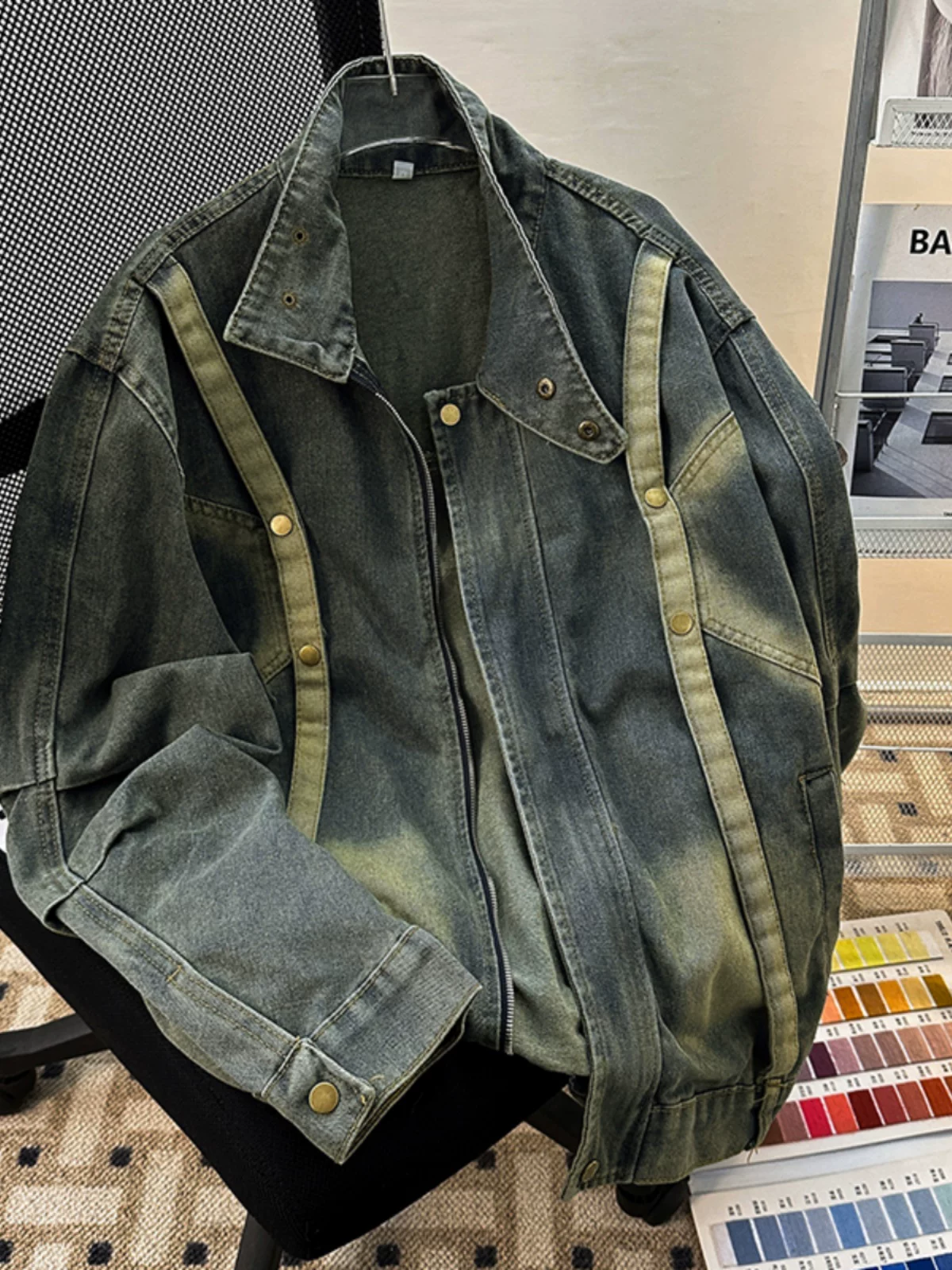 Áo khoác denim nam kiểu dáng phá cách, phong cách vintage Mỹ mùa xuân thu, áo khoác ngoài thương hiệu thời thượng, dáng rộng, cổ đứng.