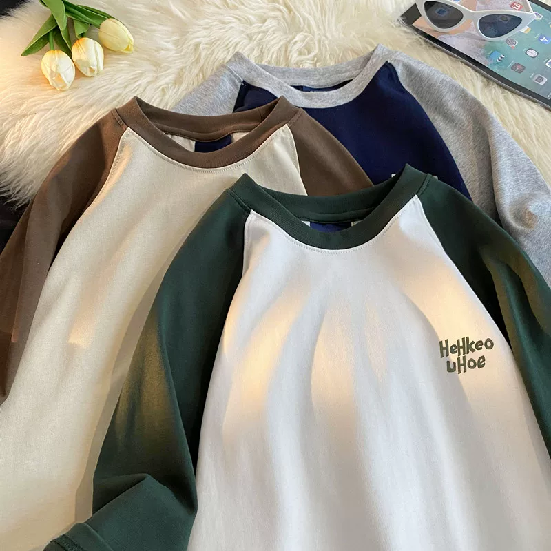 Áo thun nam tay ngắn chất liệu cotton nguyên chất, kiểu Mỹ, phối màu, tay raglan, dáng rộng, thời trang, thương hiệu nổi tiếng, áo đôi đa năng, tay lửng.