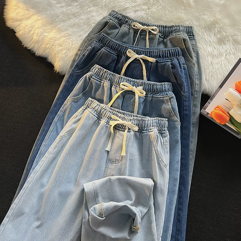 Quần jean ống đứng có dây rút cho mùa xuân thu, quần nam phong cách Hồng Kông, quần dài ống rộng thoải mái, hợp thời trang, đa năng.