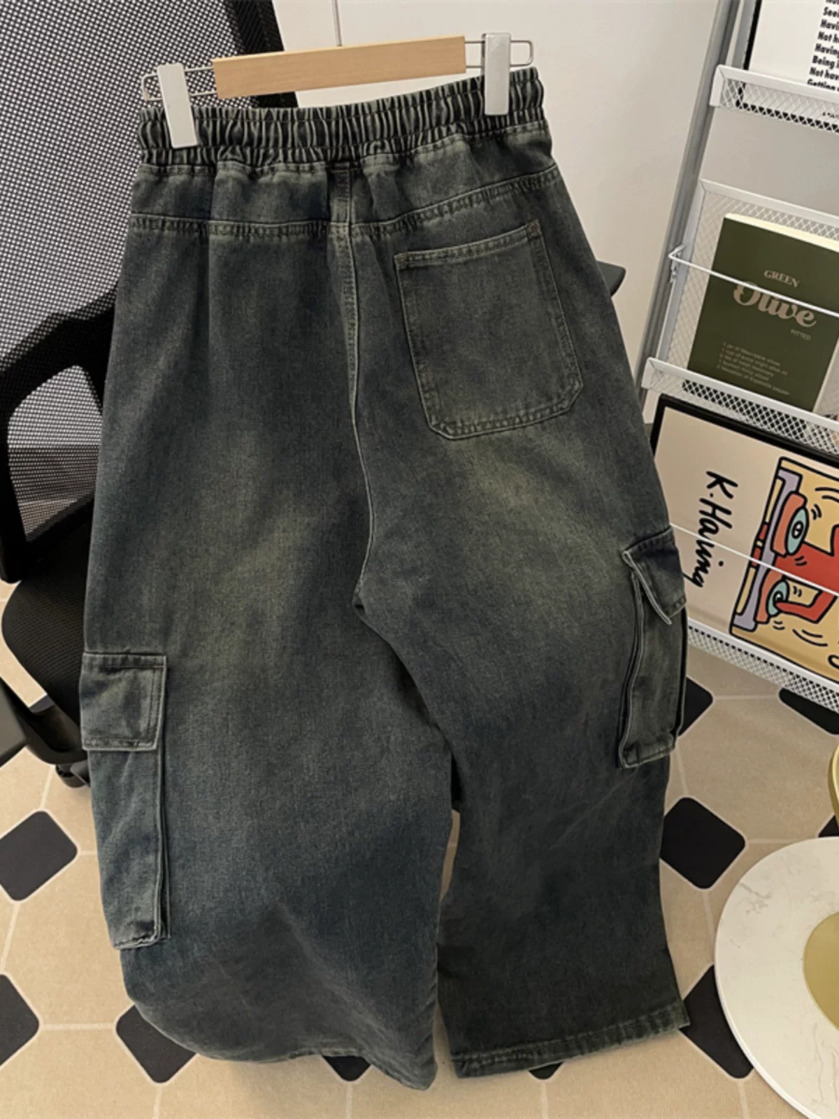 Quần jean công sở nhiều túi thời thượng dành cho nam, quần dài phong cách Mỹ cổ điển mới mùa thu đông, quần ống rộng dài chạm sàn.