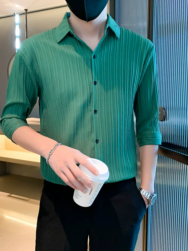 Áo sơ mi ngắn tay phong cách trưởng thành nhẹ nhàng dành cho nam, áo sơ mi tay lửng chất liệu lụa băng mát lạnh mùa hè, áo kiểu Hàn Quốc thời thượng.