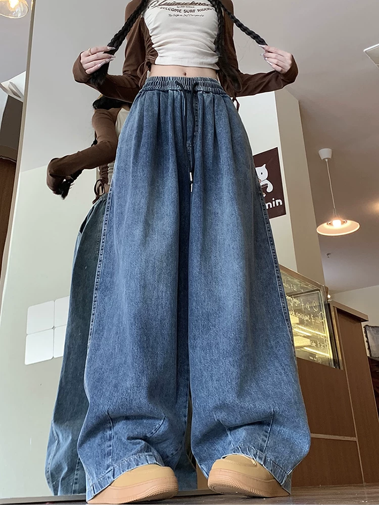 Quần jean phong cách hip-hop mùa thu kiểu Mỹ dành cho nam và nữ, quần cạp chun cổ điển, quần ống rộng dài chạm sàn hợp thời trang.