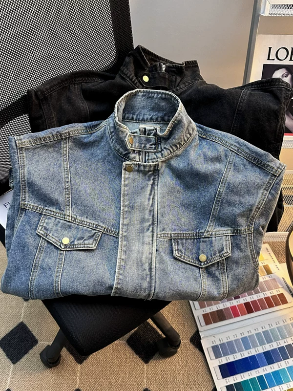 Áo khoác denim dày dặn dành cho nam, kiểu dáng thời trang mùa xuân thu phong cách Mỹ, áo khoác công sở dáng rộng, cổ đứng, áo khoác đôi đa năng.