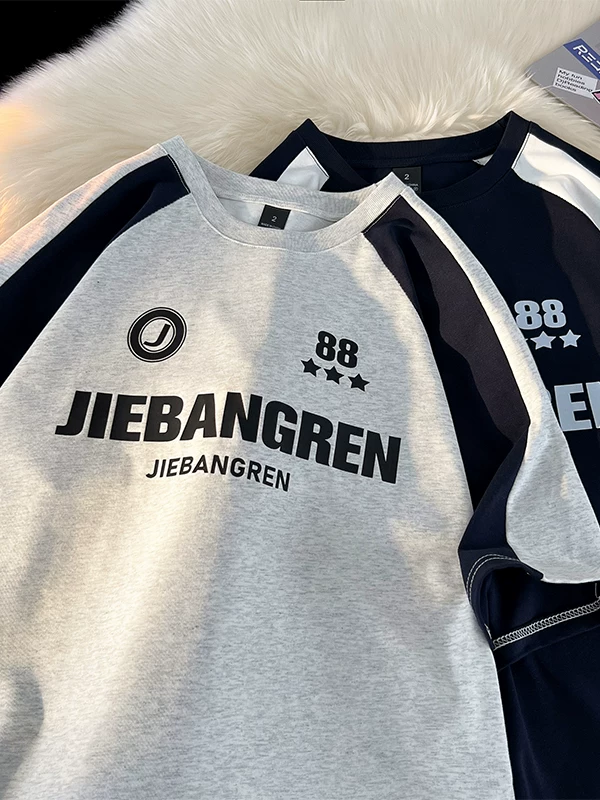 Áo thun ngắn tay kiểu Mỹ retro, thời trang, phối màu, tay raglan, mùa hè, dáng rộng, áo đôi nam nữ.