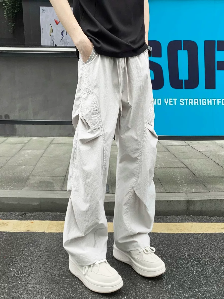 Quần công sở thiết kế xếp ly dành cho nam, quần ống rộng nhanh khô ngoài trời mỏng mùa hè, quần ống rộng thẳng hợp thời trang.