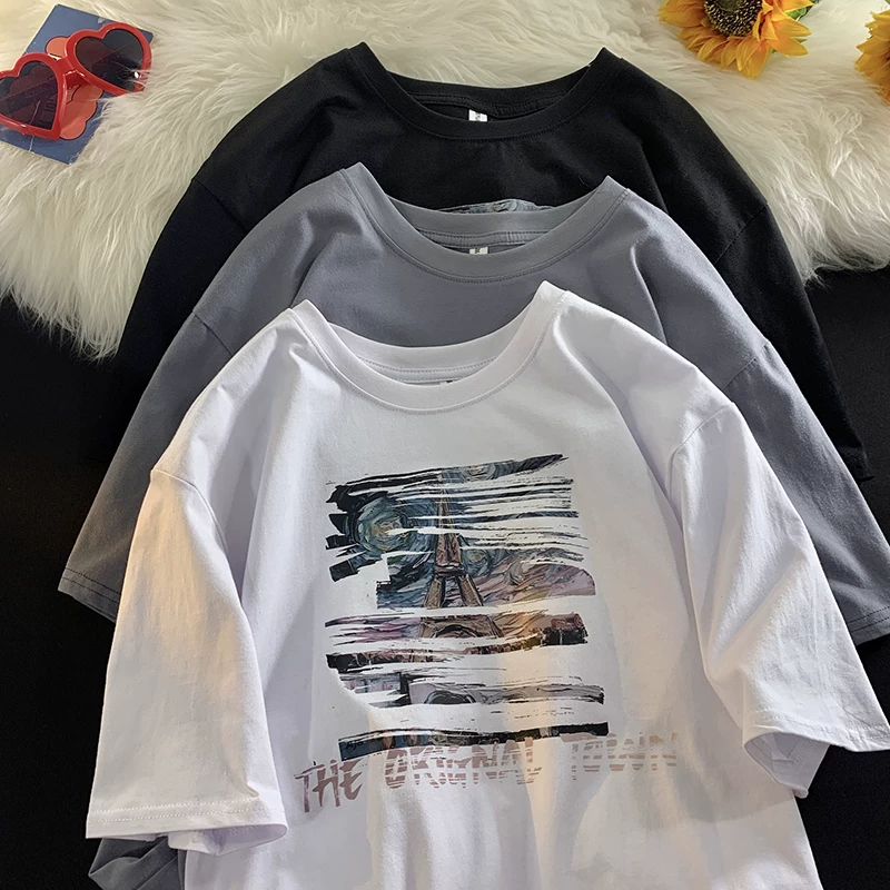 Áo thun in hình thương hiệu thời thượng dành cho nam, áo thun ngắn tay mùa hè dành cho cặp đôi, áo thun nửa tay dáng rộng phong cách Hồng Kông, áo cổ tròn đa năng thông thường