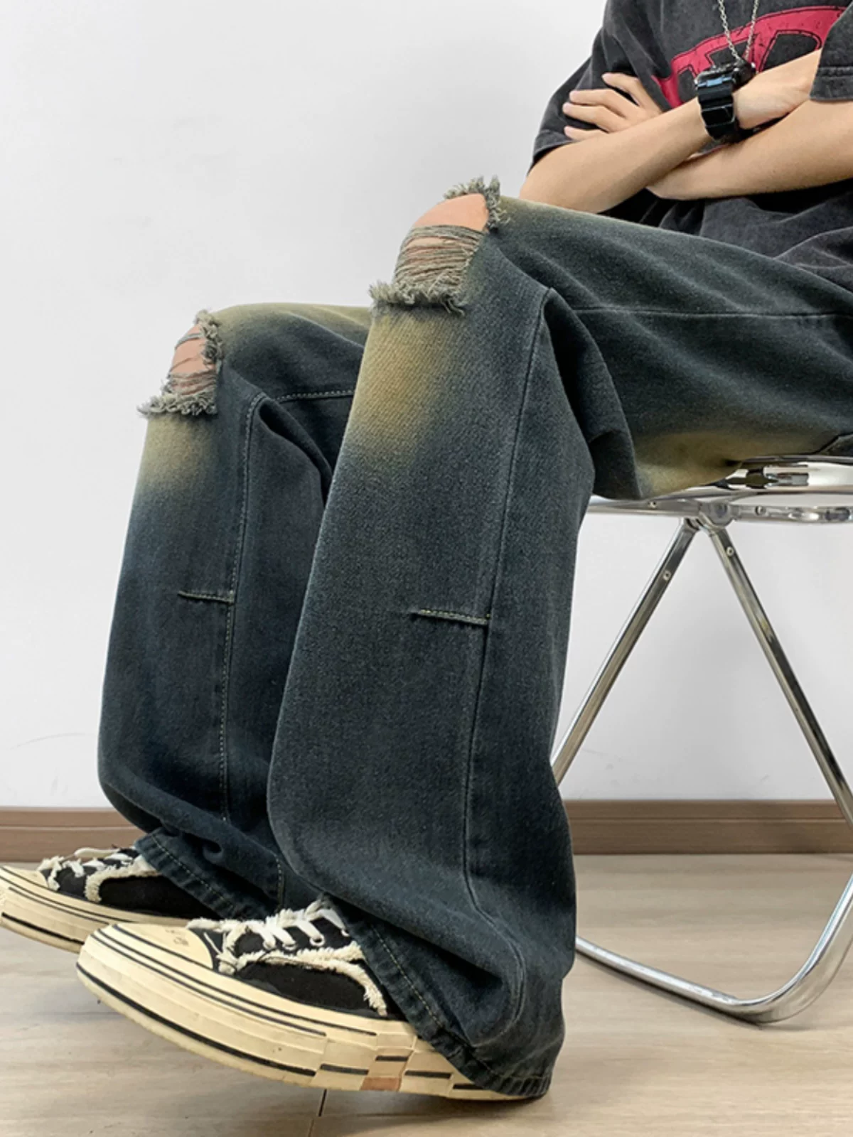 Quần jeans nam phong cách retro Mỹ, quần rách thời thượng, quần dài ống rộng suông mỏng mùa hè.