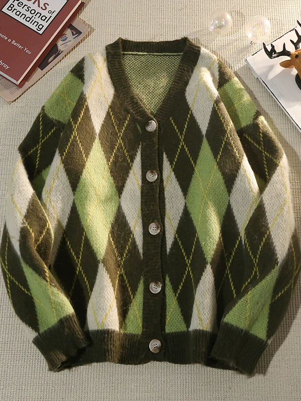 Áo len cardigan cổ chữ V họa tiết kim cương phong cách retro Nhật Bản dành cho nam, áo len dệt kim dày dặn dáng rộng mùa thu đông, áo khoác phong cách lười biếng giản dị.