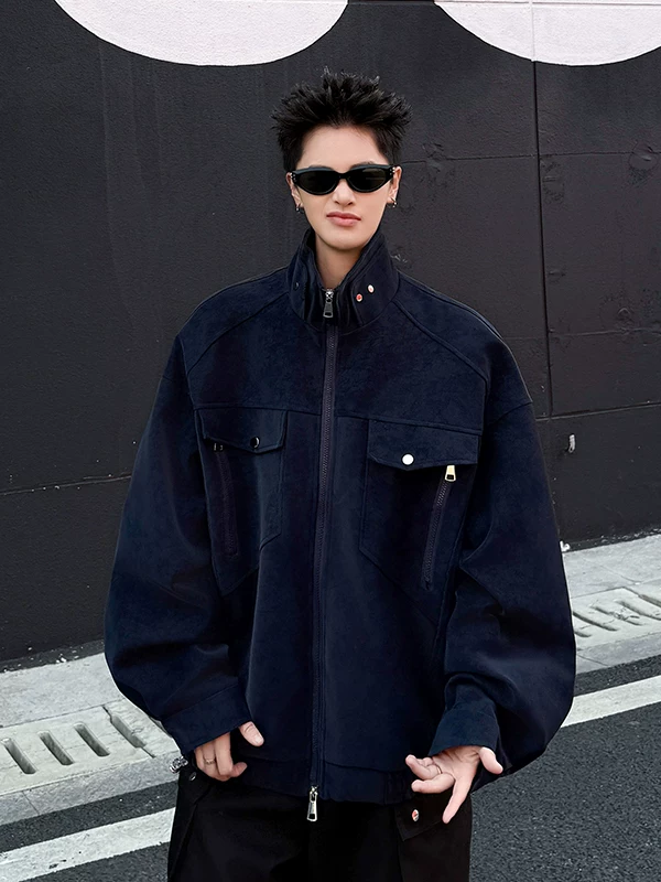 Áo khoác da PU cao cấp dành cho nam, áo khoác da biker cổ đứng phong cách Mỹ cổ điển, áo khoác cặp đôi thương hiệu thời thượng dáng rộng dành cho mùa xuân và mùa thu.