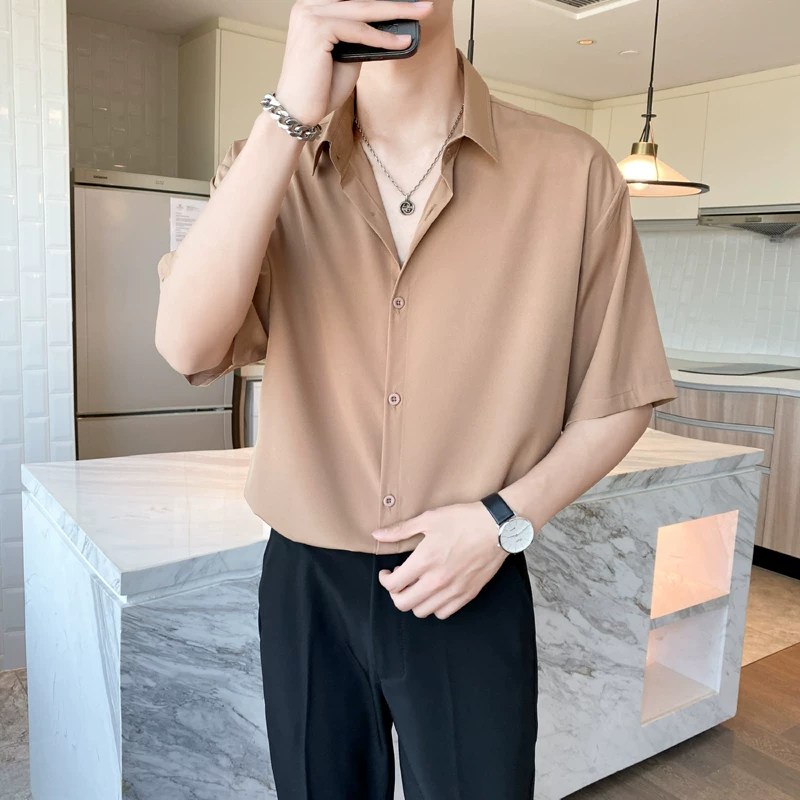 Áo sơ mi ngắn tay mỏng mùa hè phong cách Nhật Bản Áo sơ mi ngắn tay lụa băng nam phiên bản Hàn Quốc áo kiểu dáng rủ mát mẻ hợp thời trang