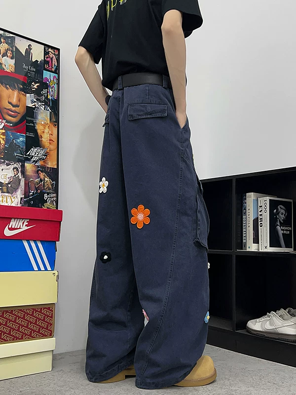 Quần jean nam thêu hoa có túi lớn, quần lính dù ống đứng phong cách retro Mỹ, quần công sở ống rộng thời thượng, quần thường ngày.