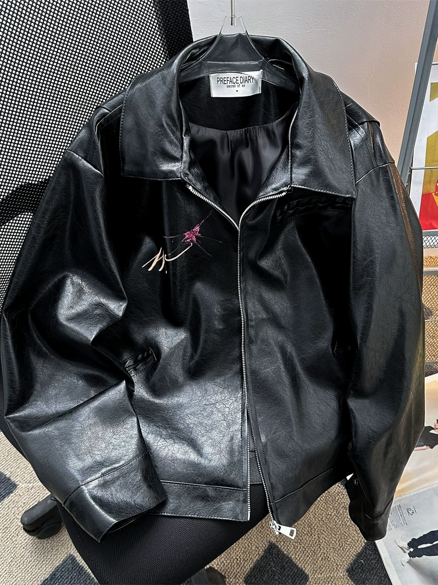 Áo khoác da in họa tiết chân dung phong cách Mỹ dành cho nam, thương hiệu thời trang xuân thu, áo khoác da PU cá tính, áo khoác đi xe máy phong cách đường phố.