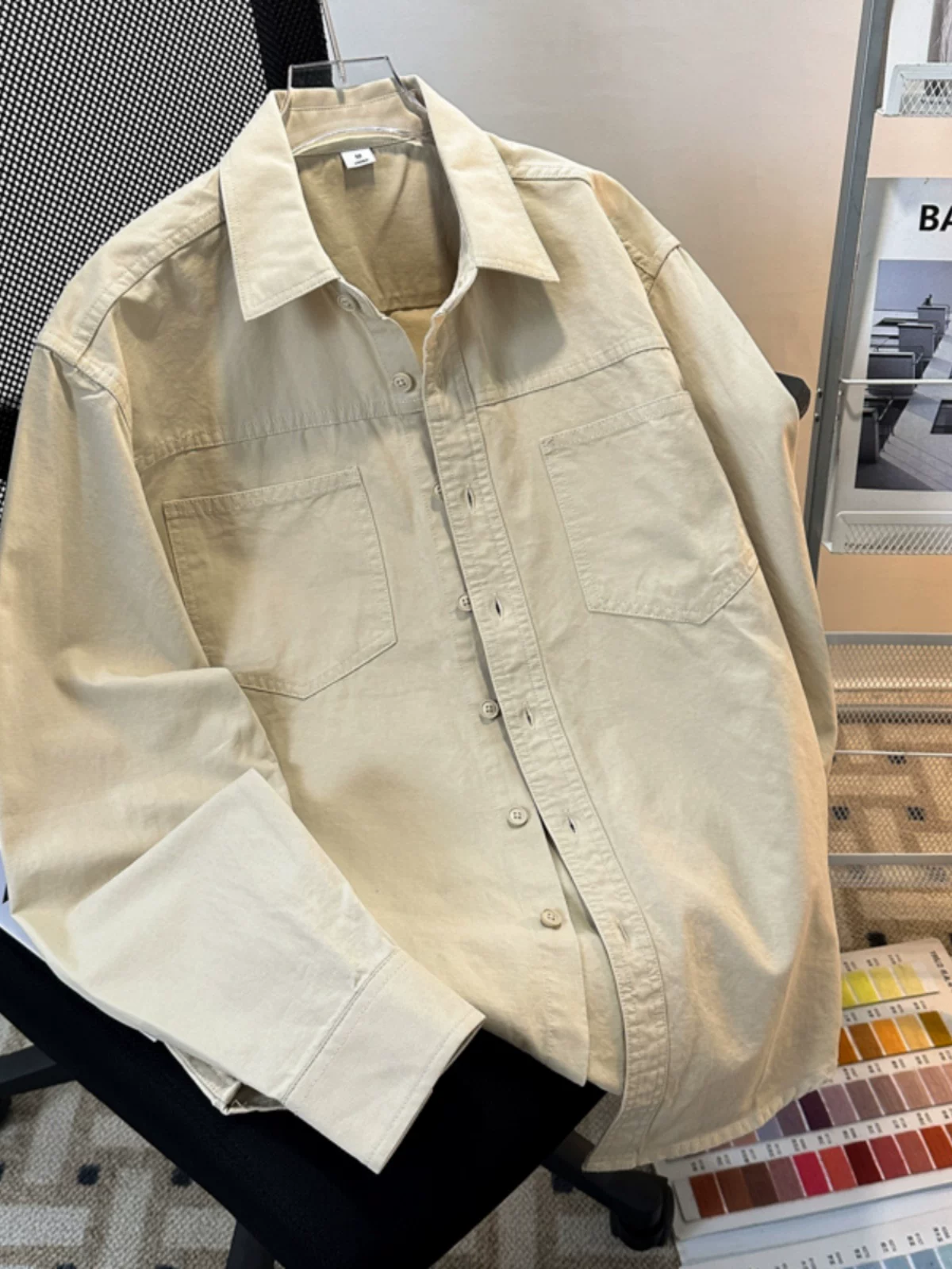 Áo sơ mi công sở kiểu Mỹ dành cho nam, tay dài, mùa xuân thu, áo sơ mi cổ điển hợp thời trang, dáng rộng, áo khoác thường ngày đa năng.