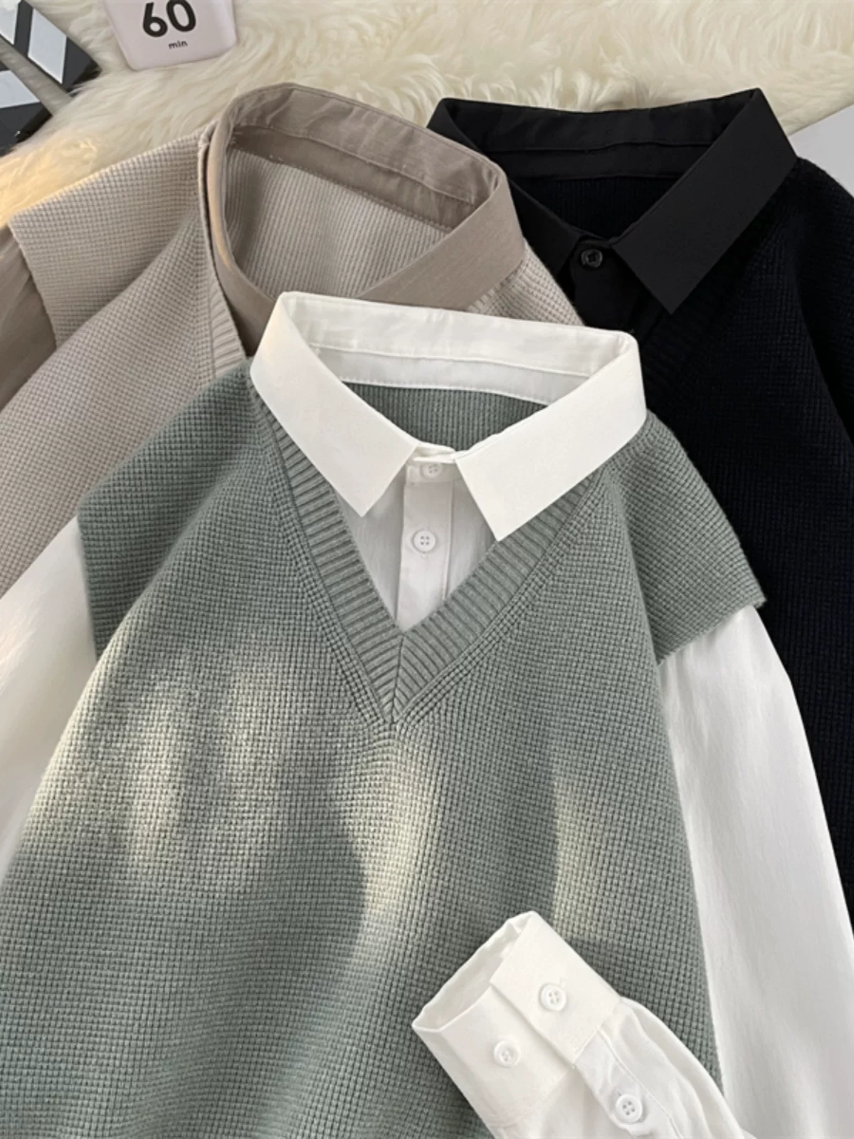 Áo sơ mi giả hai mảnh kiểu Nhật dành cho nam, áo len dệt kim thời trang xuân thu, áo sơ mi dáng rộng phong cách Mỹ.