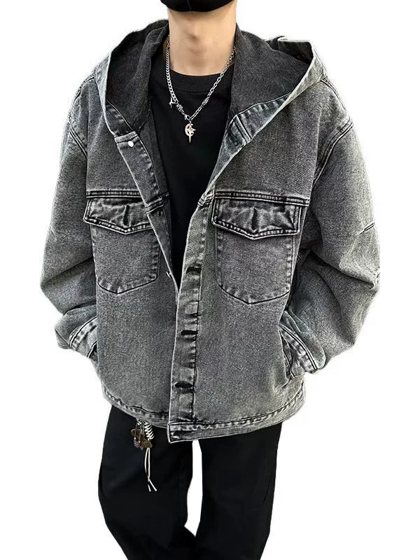 Áo khoác denim có mũ trùm đầu, chất liệu dày dặn, thích hợp cho mùa xuân và mùa thu, kiểu dáng thời trang, rộng rãi, phong cách Mỹ cổ điển dành cho nam giới.