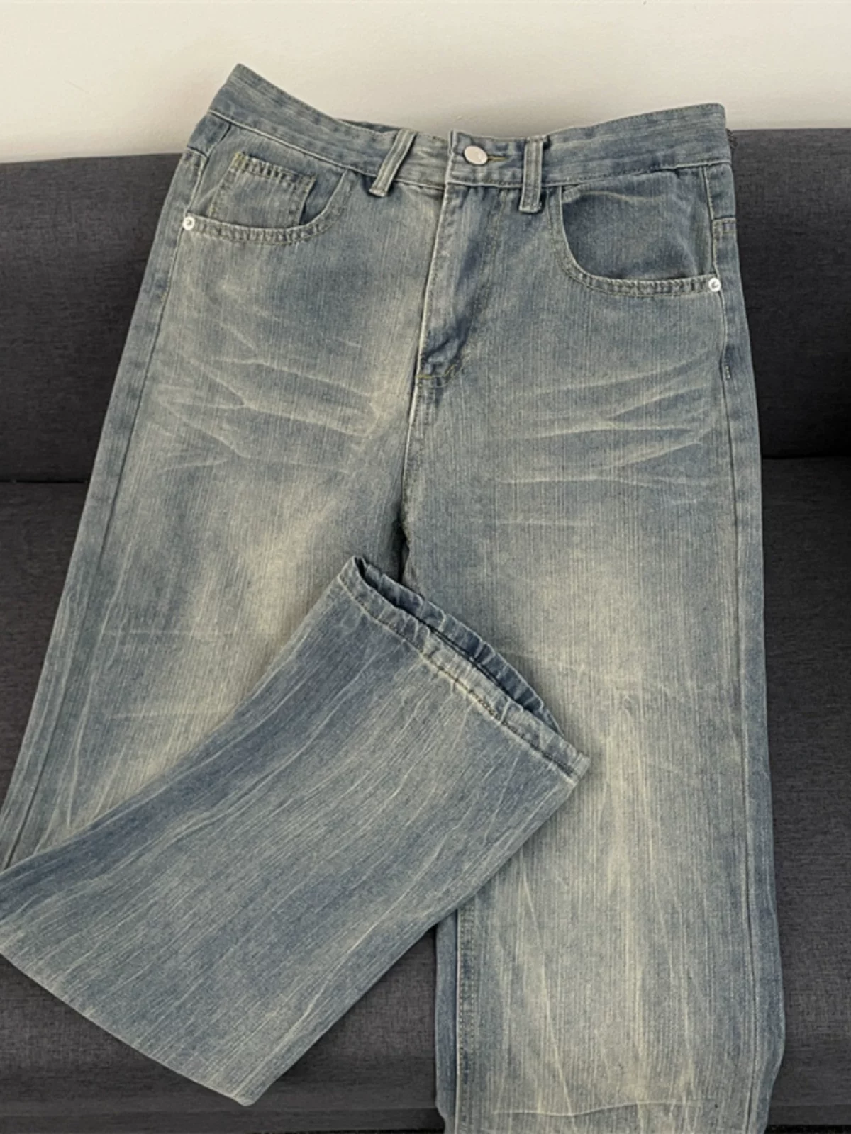 Quần jeans chất liệu tre đã qua xử lý dành cho nam, quần phong cách Mỹ cổ điển mùa xuân thu, quần dài ống rộng dáng suông thời thượng.