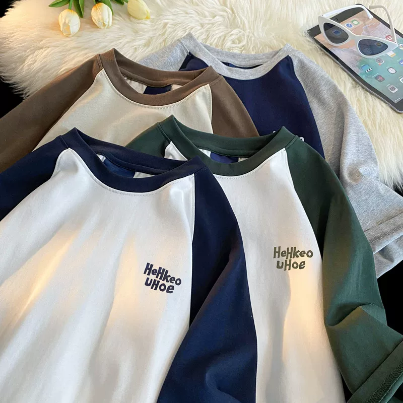 Áo thun nam tay ngắn chất liệu cotton nguyên chất, kiểu Mỹ, phối màu, tay raglan, dáng rộng, thời trang, thương hiệu nổi tiếng, áo đôi đa năng, tay lửng.