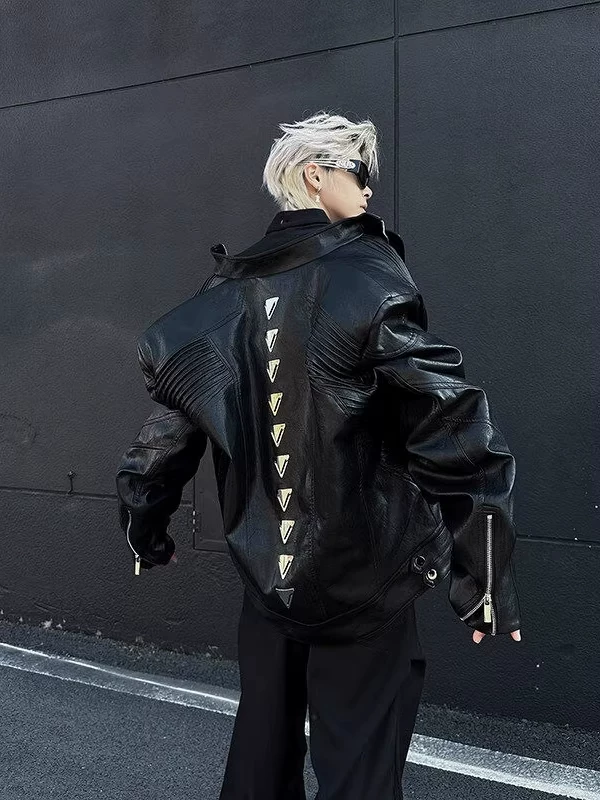 Áo khoác da PU thiết kế gờ kim loại, kiểu dáng đường phố Mỹ mùa xuân, áo khoác ngắn với cổ đứng độc đáo dành cho nam.