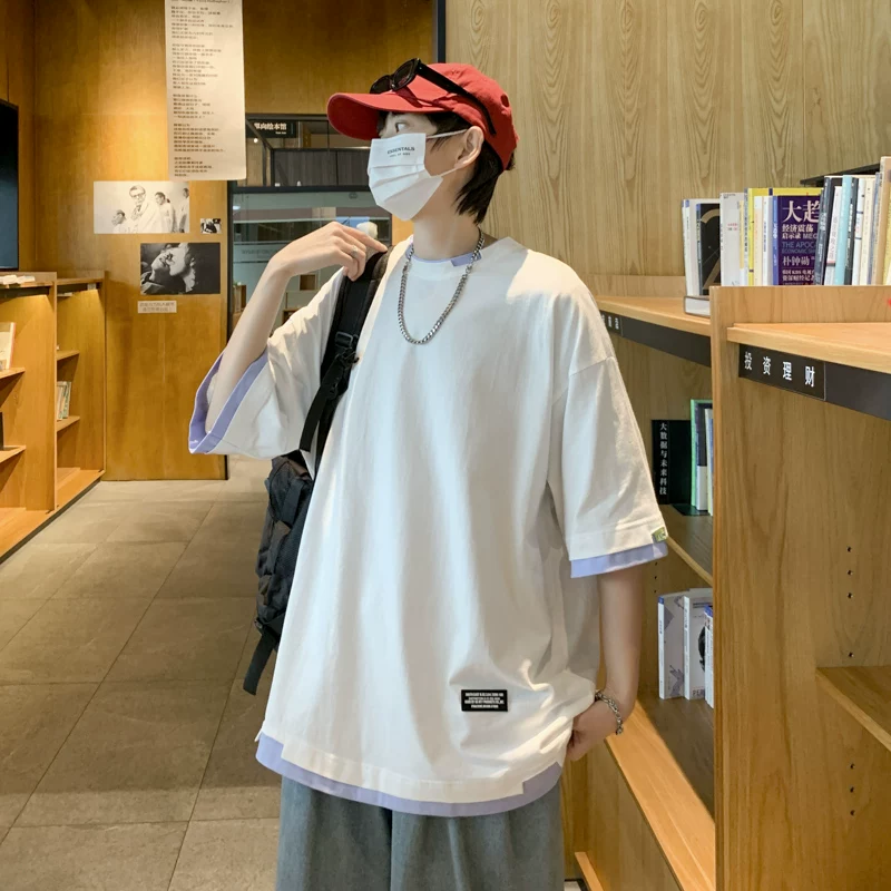 Áo thun giả hai mảnh tay ngắn dành cho nam, phong cách Hồng Kông, áo nửa tay rộng rãi hợp thời trang, áo thun tay lửng mùa hè sành điệu.