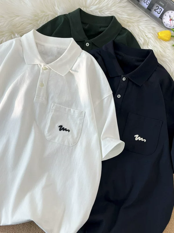 Áo polo kiểu Mỹ dành cho nam, tay ngắn, đa năng, hợp thời trang, dáng rộng, cổ bẻ, phong cách đại học mùa hè, áo nửa tay dành cho cặp đôi.