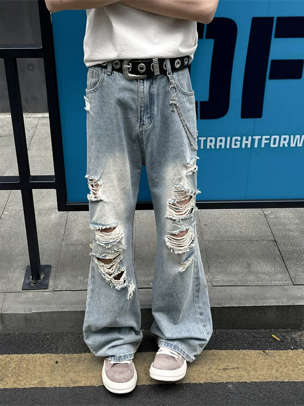 Quần jean rách thời thượng dành cho nam, kiểu dáng mỏng mùa hè, quần ống loe kiểu Mỹ, rộng rãi và thoáng mát, quần dài chạm đất.