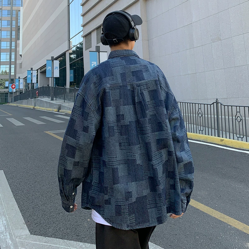 Áo sơ mi denim retro hợp thời trang, áo sơ mi dài tay đa năng, phong cách Hồng Kông, áo khoác công sở phong cách Hàn Quốc mùa hè dành cho nam