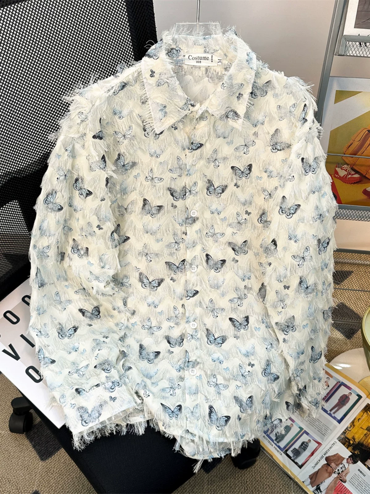 Áo sơ mi nam họa tiết bướm tua rua, tay dài, thiết kế độc đáo mùa hè, áo thời trang Mỹ, áo khoác cặp đôi.