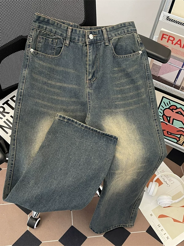 Quần jeans nam phong cách Hồng Kông, kiểu retro, chất liệu washed, thương hiệu thời trang Mỹ, dáng rộng ống đứng, quần dài vintage, phong cách casual.