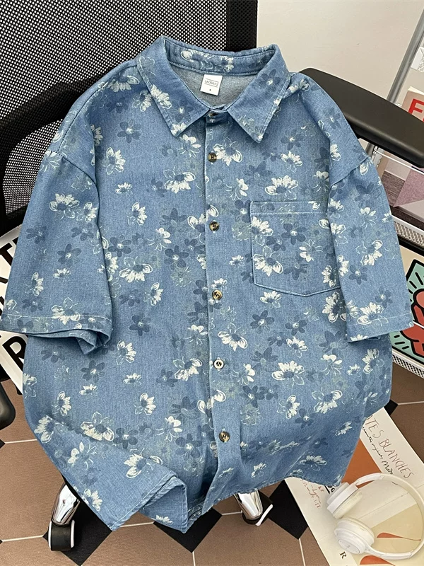 Áo sơ mi denim kiểu cổ điển Nhật Bản dành cho nam, áo sơ mi ngắn tay in hoa, áo khoác dáng rộng hợp thời trang mùa hè.
