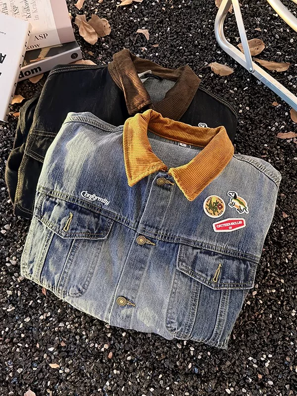 Áo khoác denim thêu họa tiết mùa xuân thu dành cho nam, áo khoác kiểu workwear phối màu thời thượng, áo kiểu Mỹ cổ điển, phong cách casual.