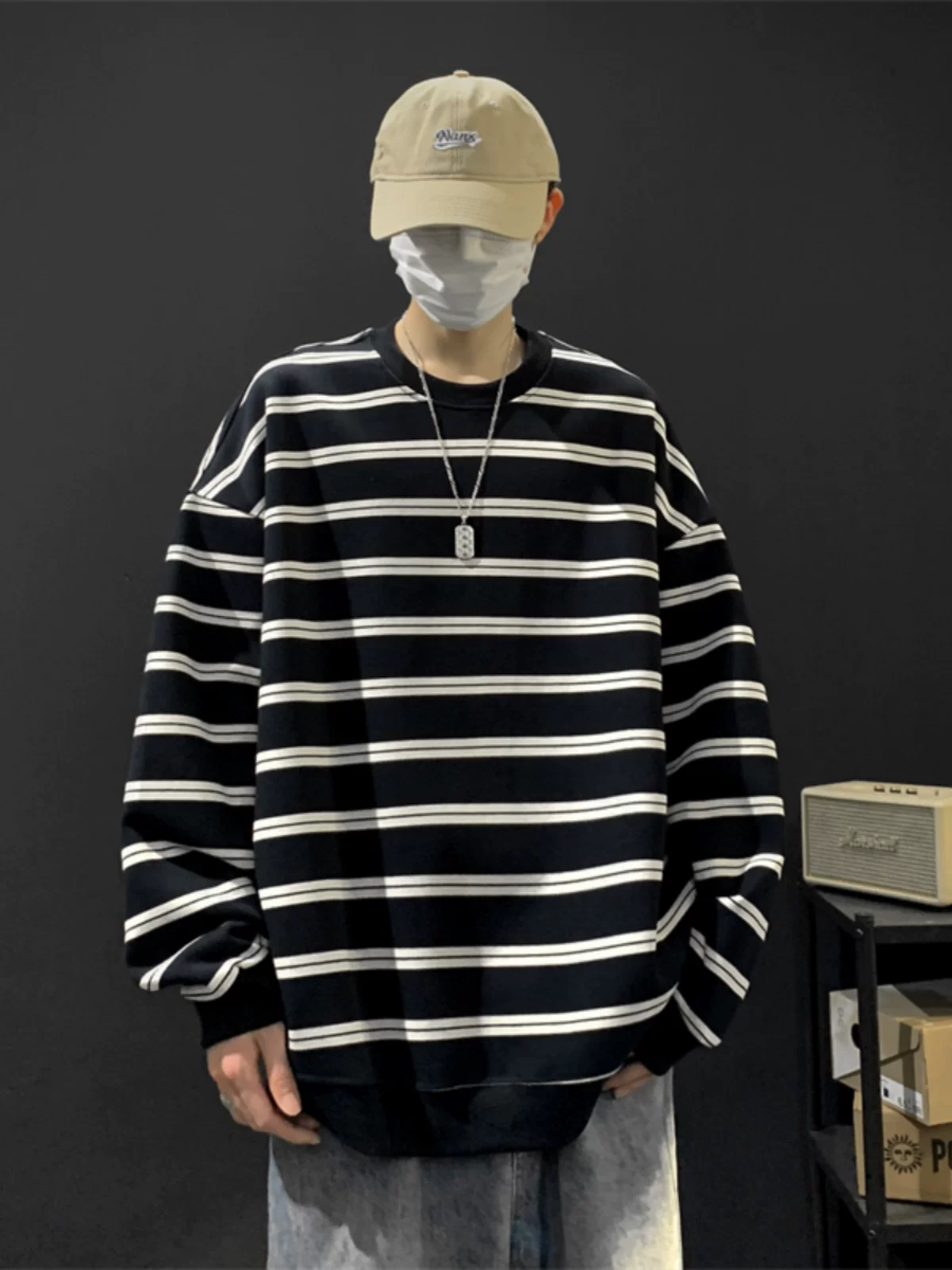 Áo thun kẻ sọc dày dặn dành cho nam, kiểu dáng rộng rãi thời trang xuân thu, chất liệu cotton nguyên chất, áo thun tay dài phong cách Mỹ cổ điển dành cho cặp đôi.