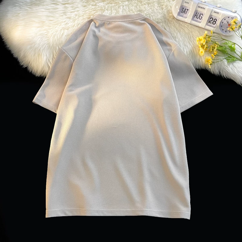 Áo thun waffle kiểu Hồng Kông dành cho nam, áo thun tay ngắn cổ tròn rộng rãi mùa hè, áo cặp đôi sinh viên thời trang tay lửng.
