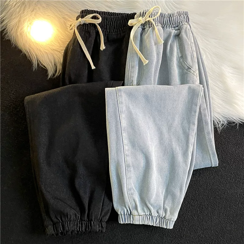 Quần jean lưng thun cho nam, xuân thu, phong cách Hồng Kông, quần học sinh đa năng, dáng suông rộng, thương hiệu thời thượng, quần jogger.