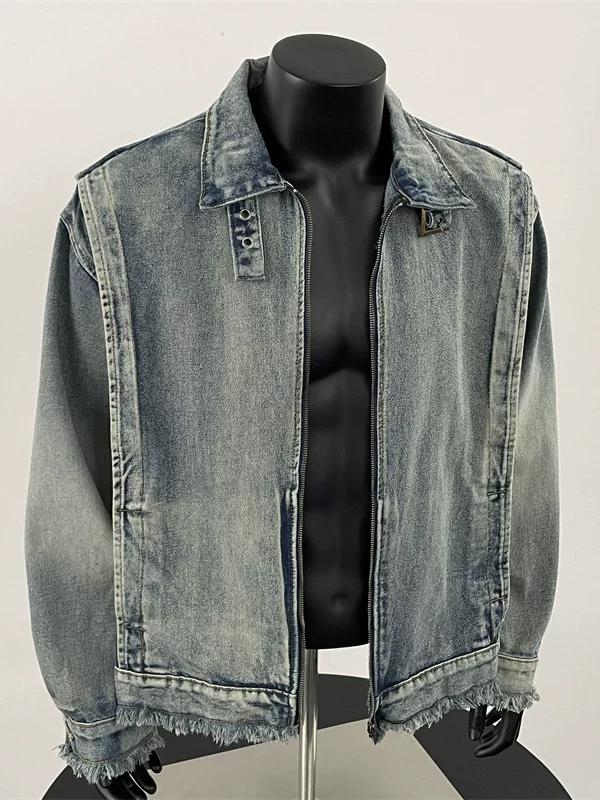 Áo khoác denim rách cá tính dành cho nam, áo khoác phong cách đường phố Mỹ, áo khoác thương hiệu thời thượng dáng rộng cổ đứng dành cho mùa xuân và mùa thu.