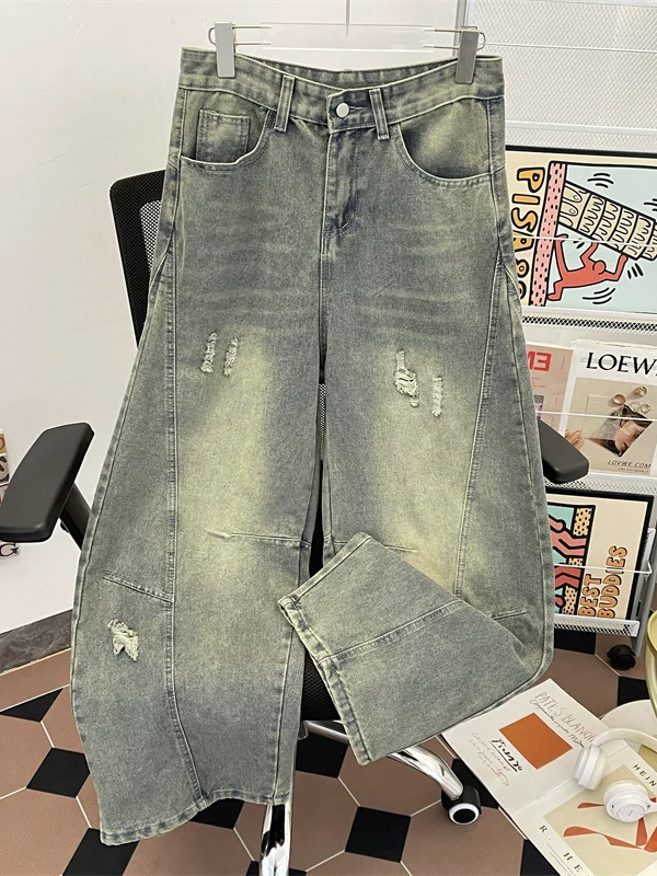 Quần jeans rách nam, kiểu mới hè 2025, quần ống rộng dáng suông, phong cách Mỹ, dài chạm đất.