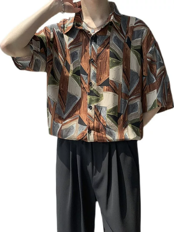 Áo sơ mi ngắn tay in họa tiết graffiti mùa hè dành cho nam, áo dáng rộng đa năng, áo sơ mi thường ngày hợp thời trang phong cách Hàn Quốc