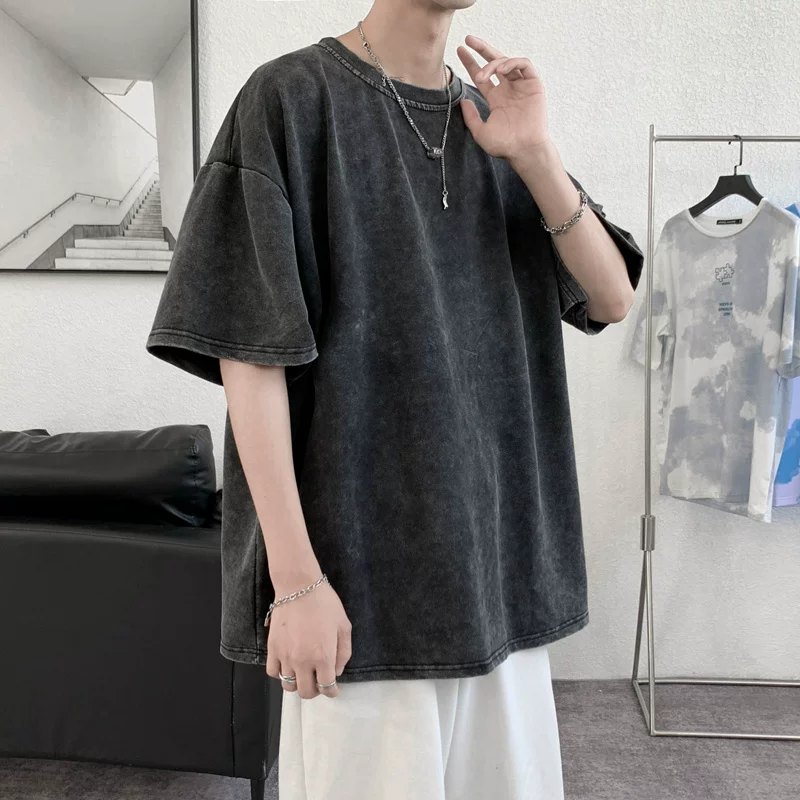 Áo thun ngắn tay cho nam, áo thun kiểu Hồng Kông thời thượng, dáng rộng, phong cách retro, rách nhẹ, áo thun tay lửng đa năng, mát mẻ mùa hè.