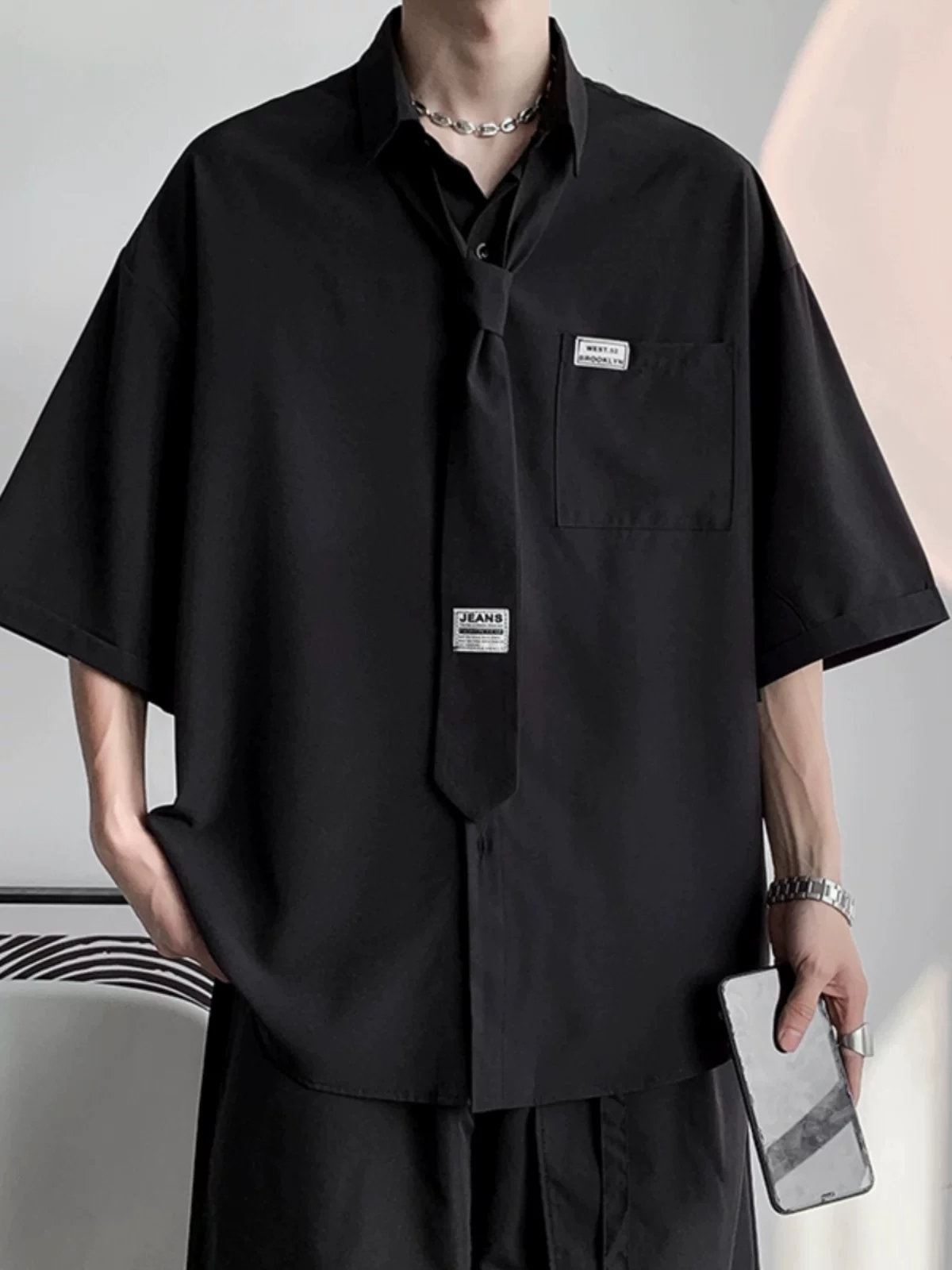 Áo sơ mi ngắn tay kiểu Hồng Kông dành cho nam, kiểu dáng rộng rãi mùa hè, áo sơ mi tay lửng, áo khoác thường ngày đa năng hợp thời trang.