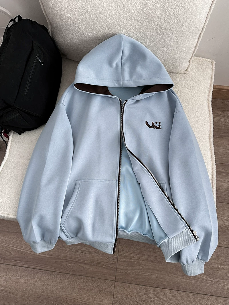 Áo khoác có mũ thêu kiểu Mỹ dành cho nam và nữ, áo khoác có khóa kéo thường ngày mùa xuân thu, áo khoác ngoài rộng rãi hợp thời trang dành cho cặp đôi.