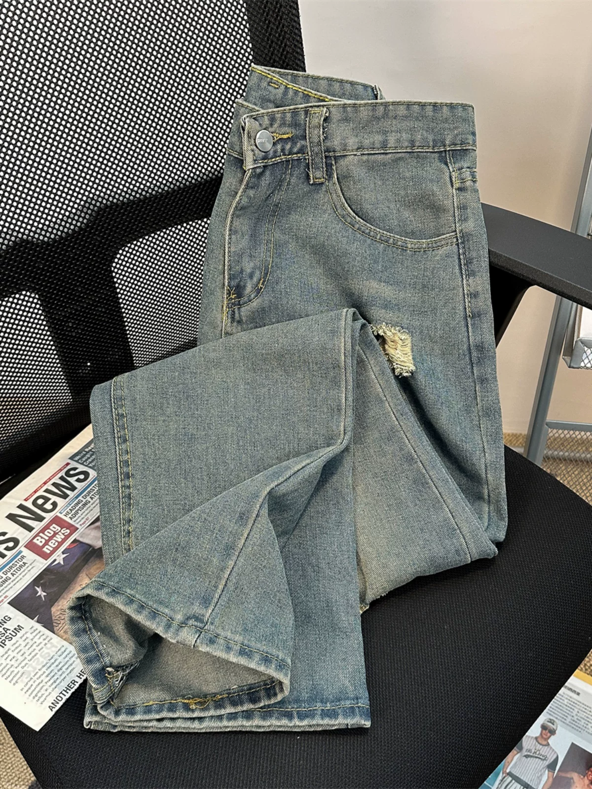 Quần jeans rách nam mùa xuân thu phong cách Mỹ retro thời thượng thương hiệu hip-hop, quần ống rộng vintage giặt mài