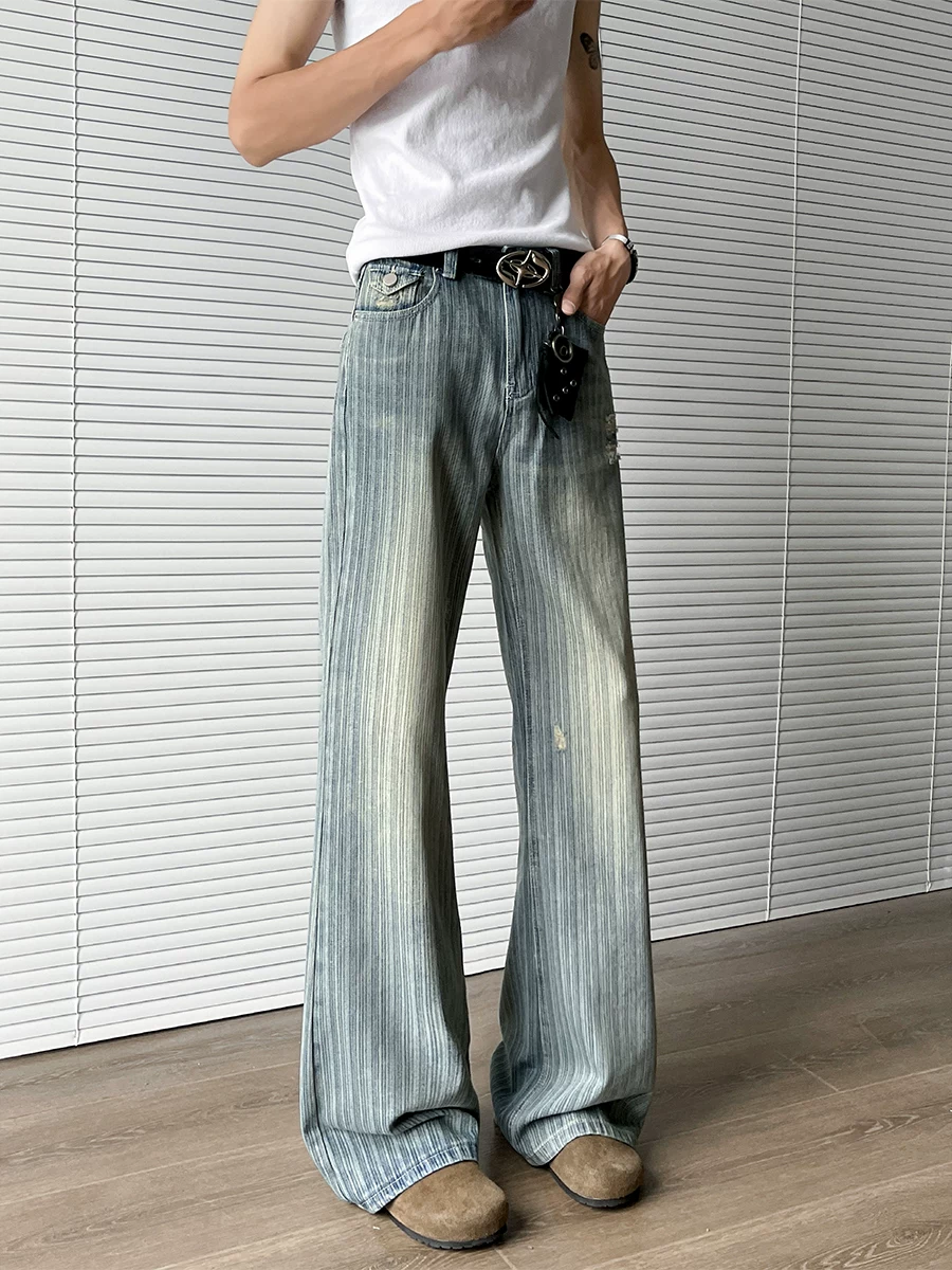Quần jeans rách họa tiết tre dành cho nam, phong cách mùa hè thời thượng, quần ống rộng dáng thẳng, quần dài kiểu Mỹ cổ điển, rách cá tính.