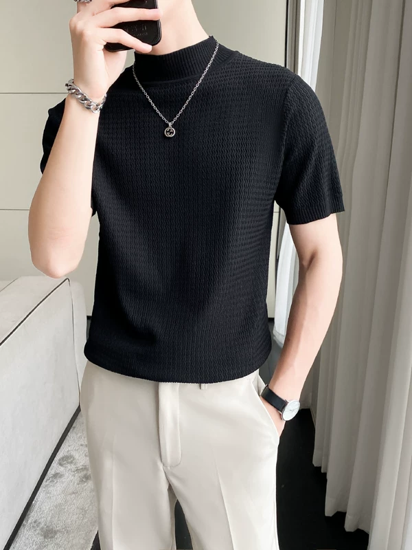 Áo thun ngắn tay lụa băng cao cấp, phong cách Hàn Quốc mùa hè, áo dệt kim nửa tay mát mẻ và sành điệu, áo thun cổ cao nửa cổ thời thượng BF dành cho nam.