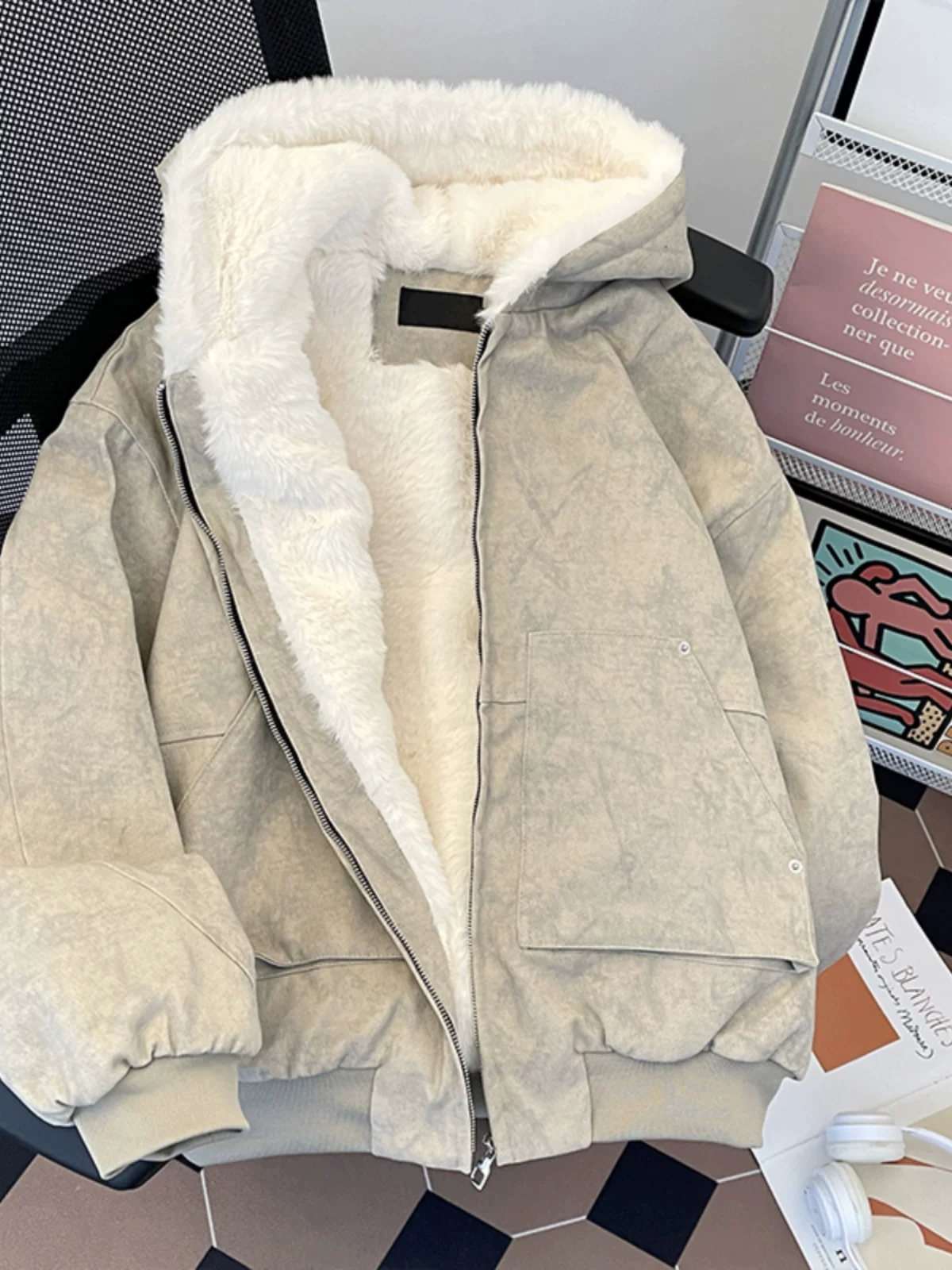 Áo khoác cotton lót lông cừu dày dặn cho nam và nữ, áo khoác bông len cừu mùa đông, áo khoác bông ngắn có mũ kiểu Mỹ thời trang.